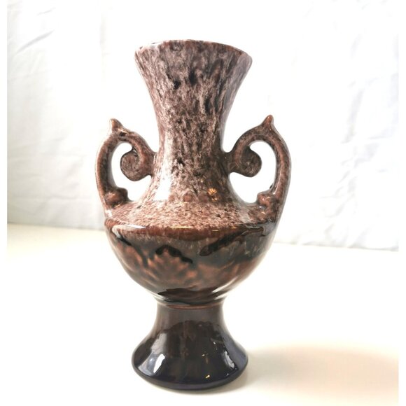 12.5" Vintage MCM Double Handle Urn Vase Brown White Drip Glaze Pottery 1960s - Picture 7 of 9